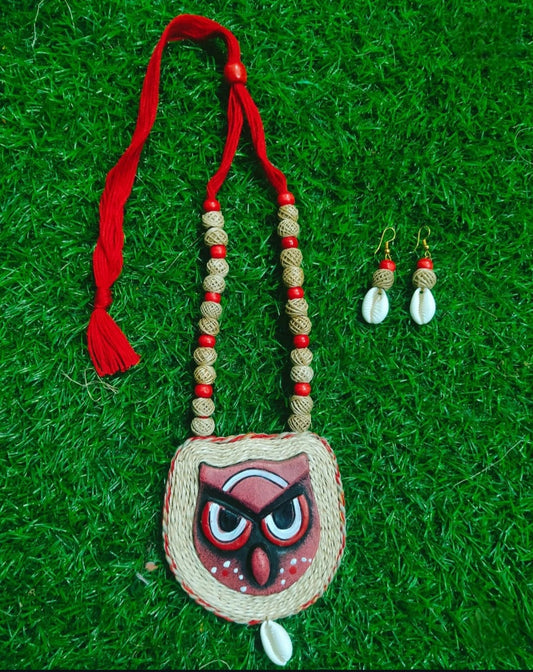 Handcrafted Banana Fibre Owl Pendant Jewelry Set – Red & Natural - Made in Uttar Pradesh, India