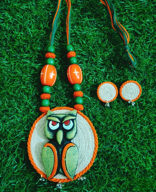 Handcrafted Banana Fibre Owl Necklace Set – Sustainable Jewelry from Uttar Pradesh, India