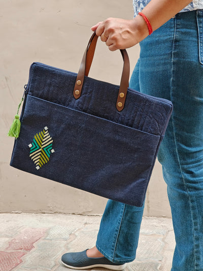 Embroidered Denim Laptop Tote