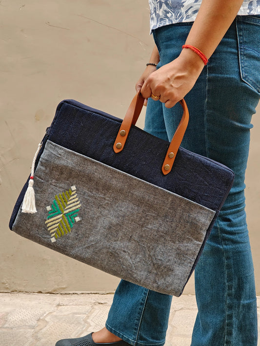 Embroidered Denim Laptop Tote