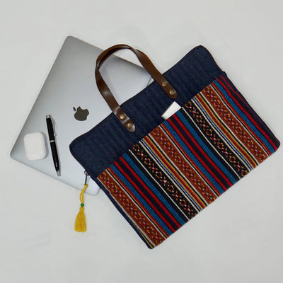 Handwoven Striped Denim Laptop Tote