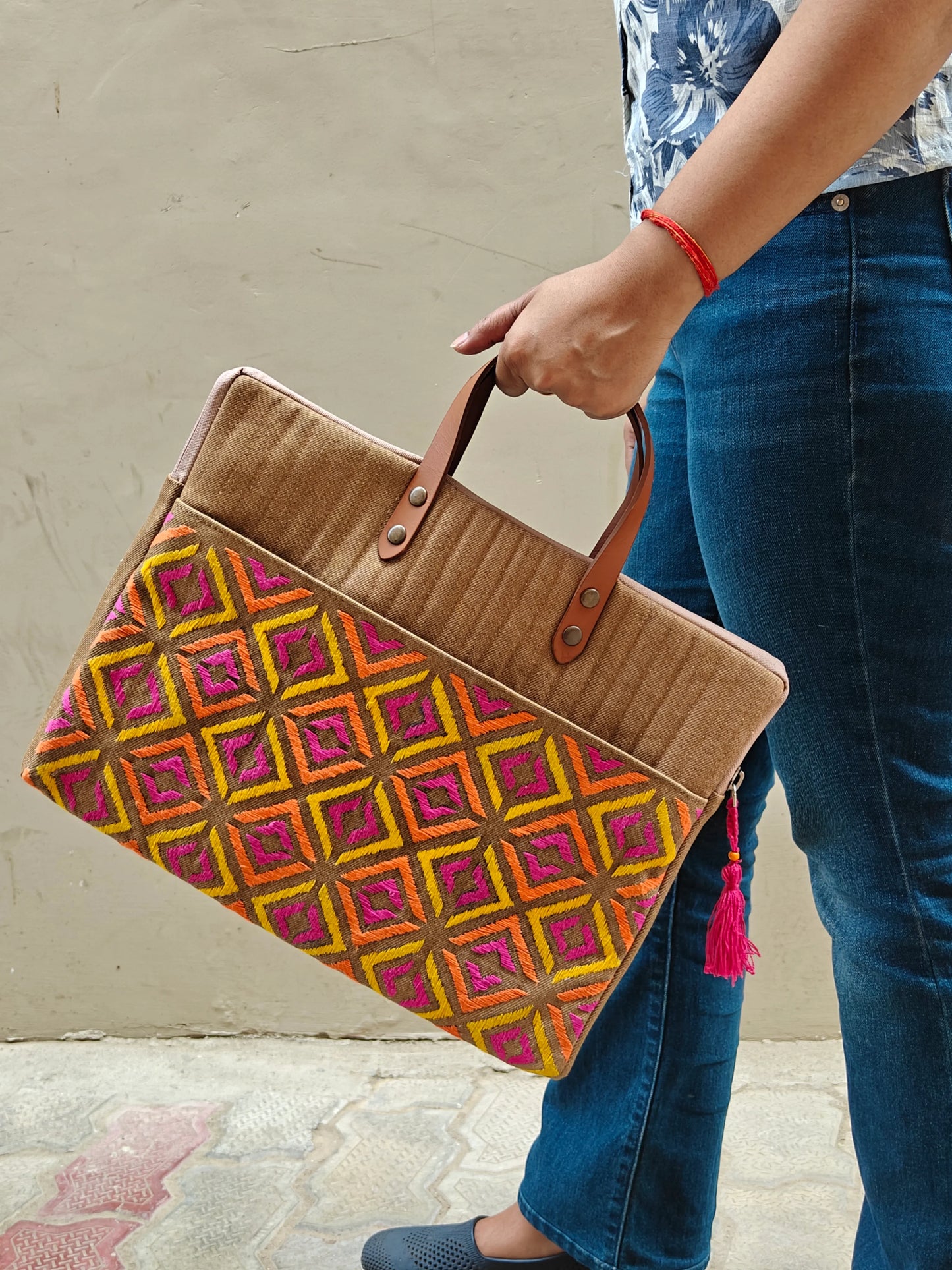 Vibrant Geometric Embroidered Laptop Tote