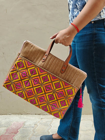 Vibrant Geometric Embroidered Laptop Tote
