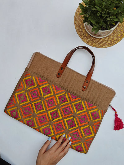 Vibrant Geometric Embroidered Laptop Tote