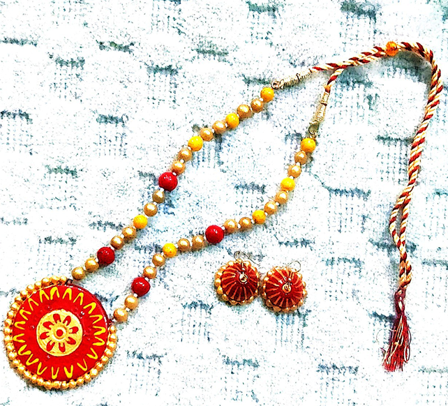 Handcrafted Terracotta Necklace Set – Red and Yellow Floral Design | Made in Uttar Pradesh, India