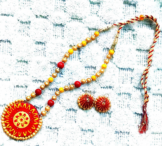Handcrafted Terracotta Necklace Set – Red and Yellow Floral Design | Made in Uttar Pradesh, India