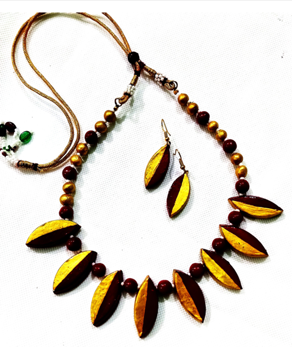 Handmade Black and Gold Terracotta Necklace Set - Leaf Shape - Made in Uttar Pradesh, India
