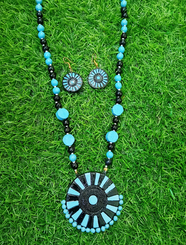 Handcrafted Terracotta Circular Pendant Necklace Set - Made in Uttar Pradesh, India