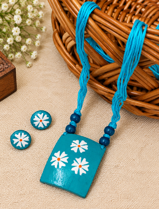 Handcrafted Coconut Shell Necklace Set – Turquoise & White Floral Design
