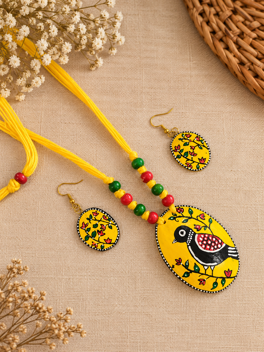 Handcrafted Coconut Shell Jewelry Set – Yellow Bird & Floral Folk Art Design