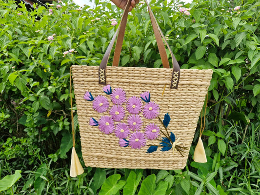 Handcrafted Kauna Grass Bag – Floral Embroidery
