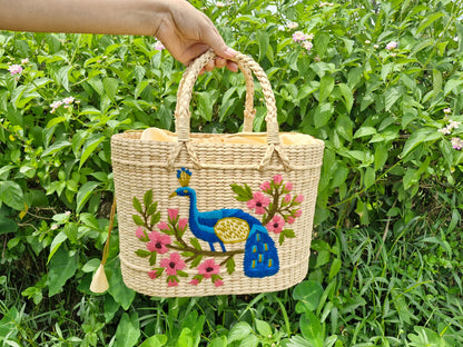 Handcrafted Kauna Grass Tote Bag – Embroidered Peacock Design