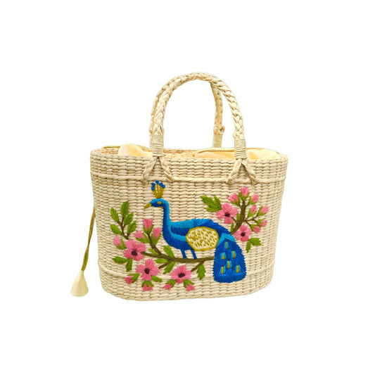 Handcrafted Kauna Grass Tote Bag – Embroidered Peacock Design