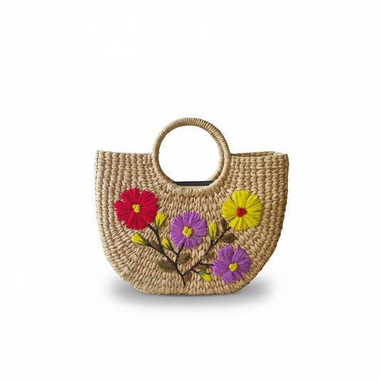 Handcrafted Kauna Grass  Round Bag – Floral Design