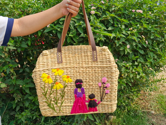 Handcrafted Kauna Grass Bag – Mother & Child Embroidery