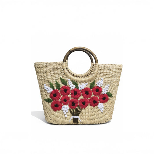 Handcrafted Kauna Grass Round Handle Bag – Red Floral Bouquet Design