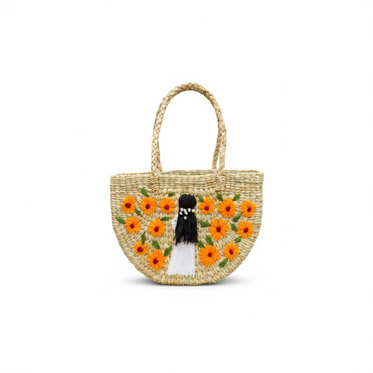 Handcrafted Kauna Grass Tote Bag with Floral & Doll Motif