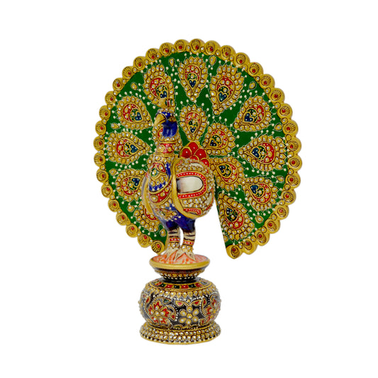 Hand-Painted Wooden Peacock with Meenakari & Stone Work