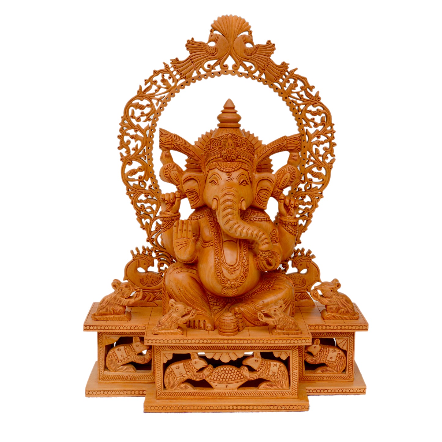 Handcrafted Wooden Lord Ganesha Statue with Intricate Mehrab