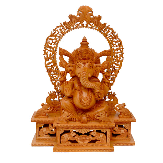 Handcrafted Wooden Lord Ganesha Statue with Intricate Mehrab