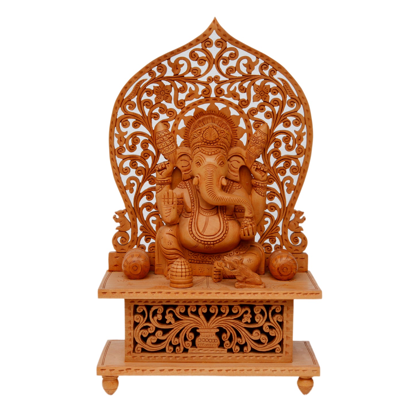 Handcrafted Wooden Lord Ganesha Statue with Floral Mehrab