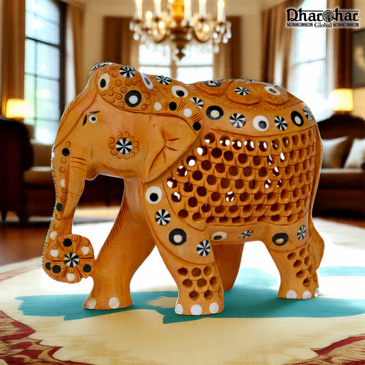 WOODEN UNDERCUT ELEPHANT WITH INLAY DESIGN (TRUNK DOWN)