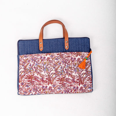 Handwoven Floral-Print Denim Laptop Tote