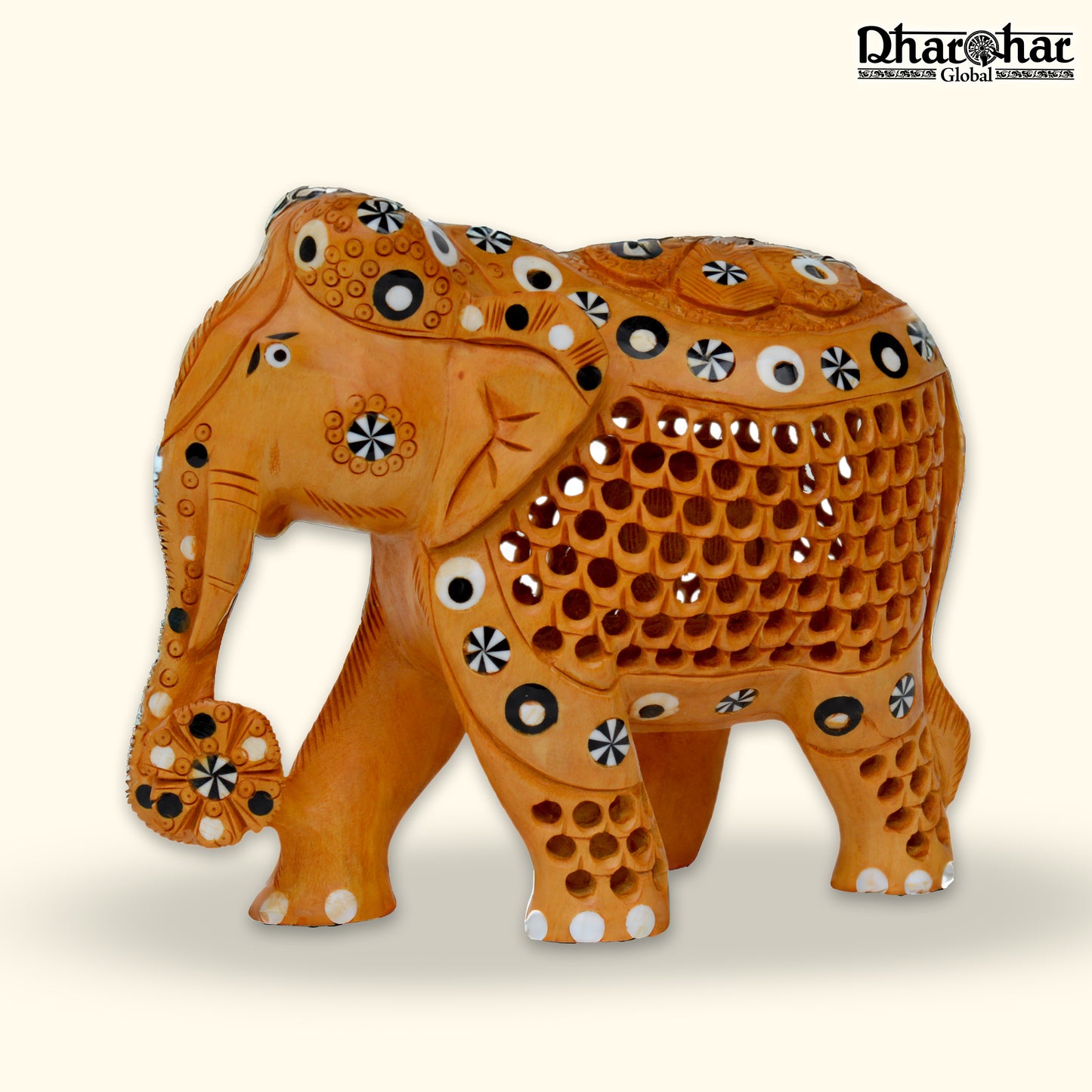 WOODEN UNDERCUT ELEPHANT WITH INLAY DESIGN (TRUNK DOWN)