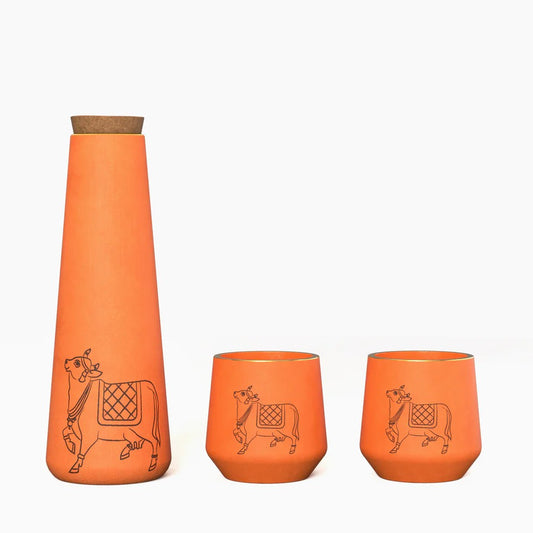 Set of 1 Terracotta Bottle and 2 Terracotta Glasses - with Pichwai Inspired Bull Motif